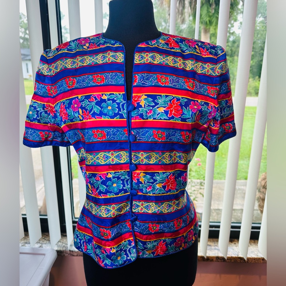 Vintage Adrianna Papell 100% Silk Floral Jacket Short Sleeve Button Front 8